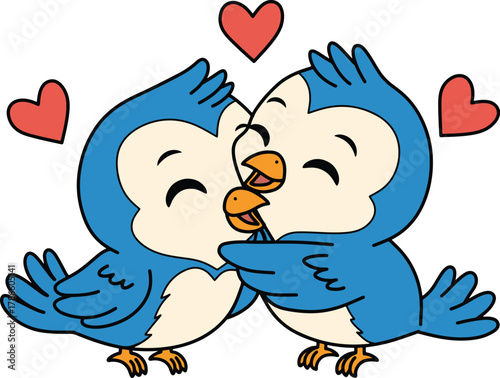 Cute Blue Lovebirds Embracing with Hearts