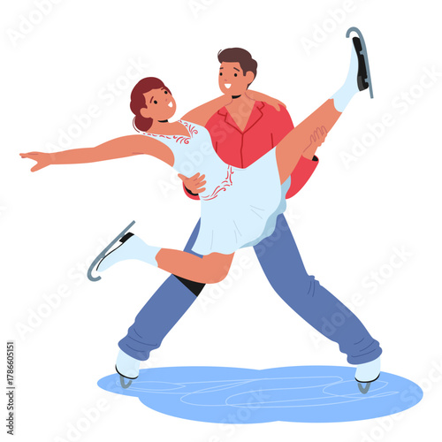 Male and female couple figure ice-skater cartoon characters presenting theatrical ice performance