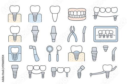 Dental Implant and Prosthetics Icons Set — Tooth Restoration, Implantation and Dental Tools
