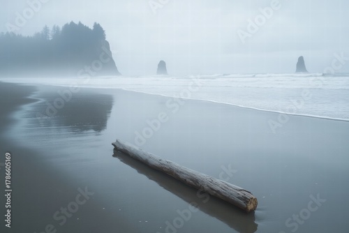 Foggy beach with driftwood log
