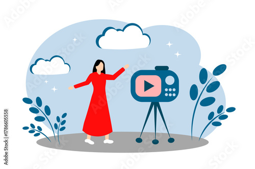 The blogger shoots a video on camera. Video Blogging, Content Creation, and Popularity Concept