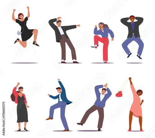 Happy people diverse cartoon characters celebrating success and luck winning lottery isolated set