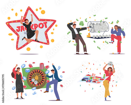 Happy people winners celebrating sudden prosperity due to success in gambling isolated set