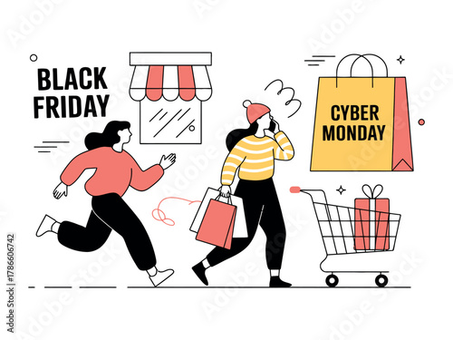 Women rushing to shop for Black Friday and Cyber Monday deals with shopping bags and a cart.