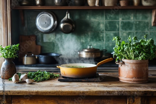 Wallpaper Mural Herbs and spices on rustic kitchen table Torontodigital.ca