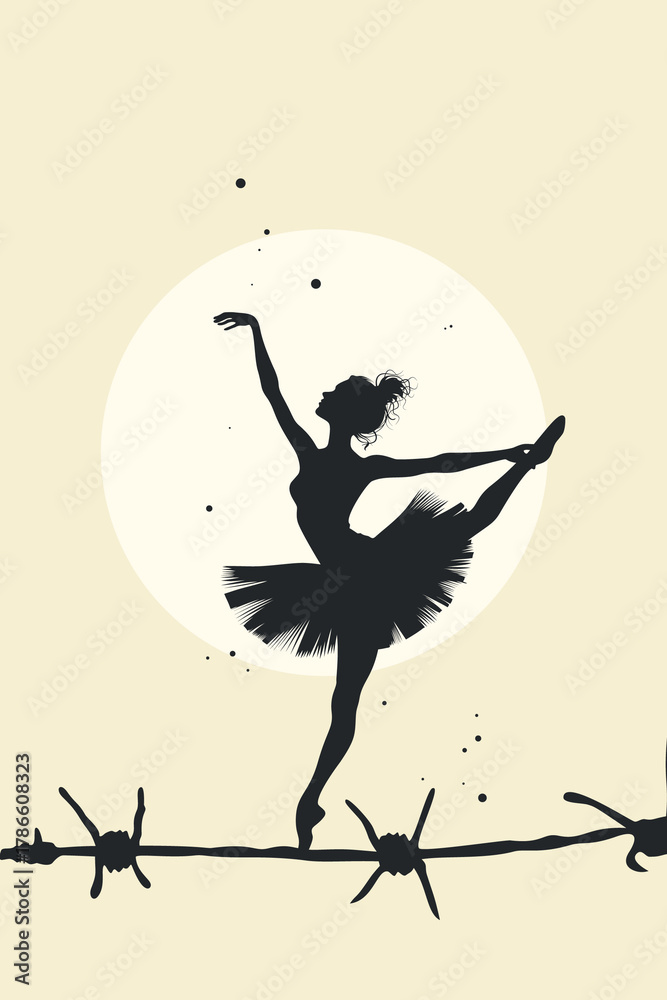 Fototapeta premium Silhouette of a ballerina dancing gracefully on barbed wire, symbolizing strength, resilience, and beauty in struggle, with the moon as a backdrop of hope and freedom.