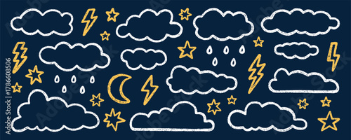 Chalk pencil clouds doodle set. Childish crayon sky, stars, lightning, rain and moon. Pastel kids sketch. Grunge texture. Hand drawn vector illustration isolated on black background