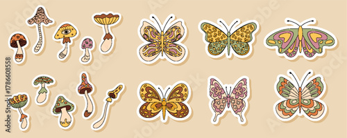 Groovy psychedelic butterfly and mushroom sticker set in retro doodle style with colorful and cute graphic look. Groovy element set blends y2k vibe as playful, artistic colorful pack for sticker or