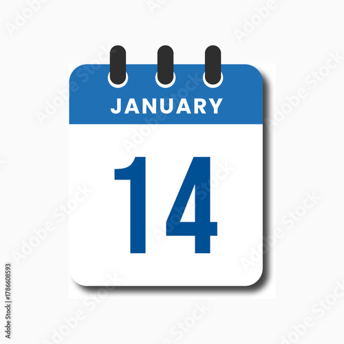 Clean flat January 14 calendar icon with blue header, designed for planners and time tracking.