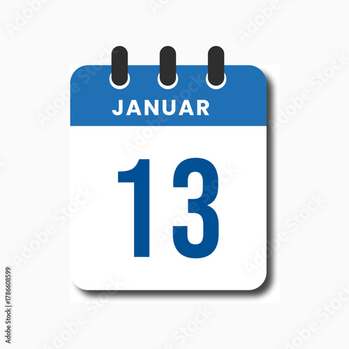 Blue minimalist January 13 flat calendar icon, perfect for modern planner or productivity app.