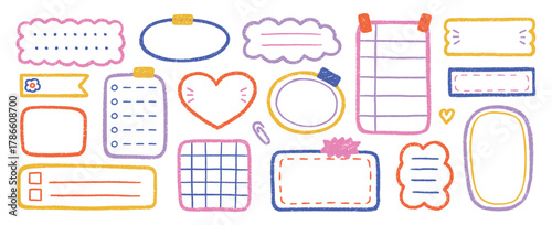 Crayon memo text boxes and doodle frames set. Pencil stickers for planners, note frames in sketch style. Grunge textured hand drawn illustrations isolated on white background.
