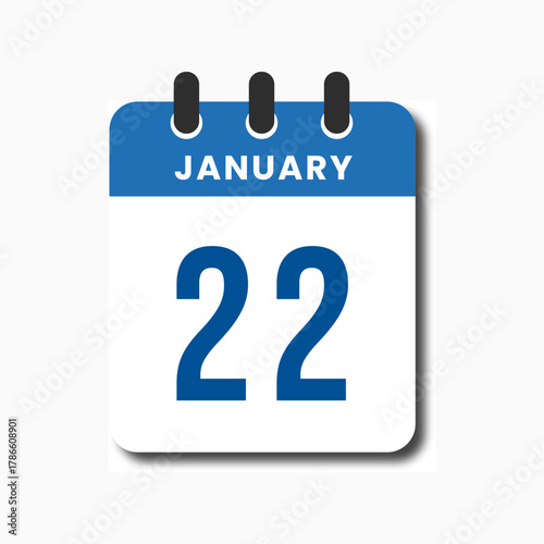 Blue minimalist January 22 calendar icon in flat vector style, perfect for planner or office design.