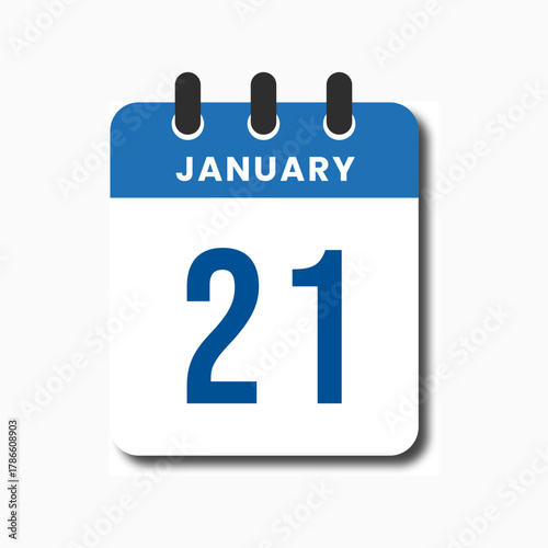 Flat blue January 21 calendar icon with clean minimalist design, ideal for planner or productivity dashboard.