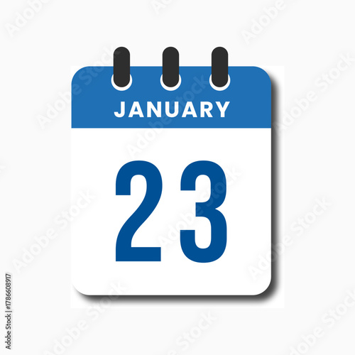 Flat vector blue calendar showing January 23, modern clean design for productivity apps.