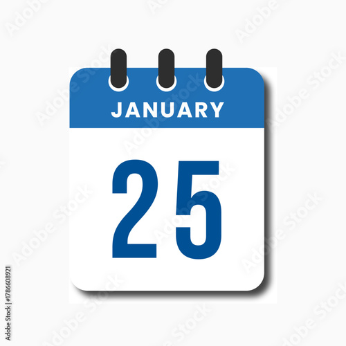 Flat blue January 25 calendar icon, perfect for business planner, UI, and productivity design.