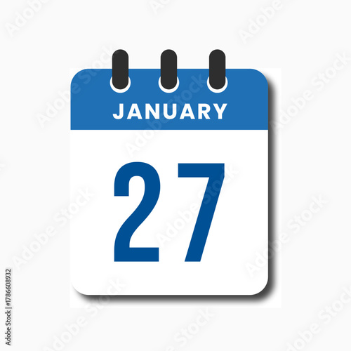 Clean and modern flat calendar icon for January 27 with blue header, great for planner use.