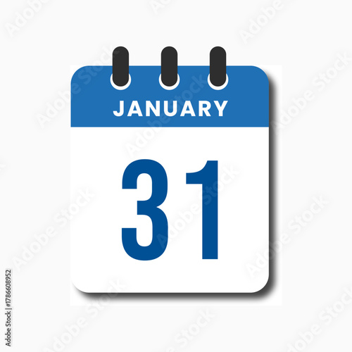 Flat vector blue January 31 calendar icon, simple and clean for planner or schedule interface.