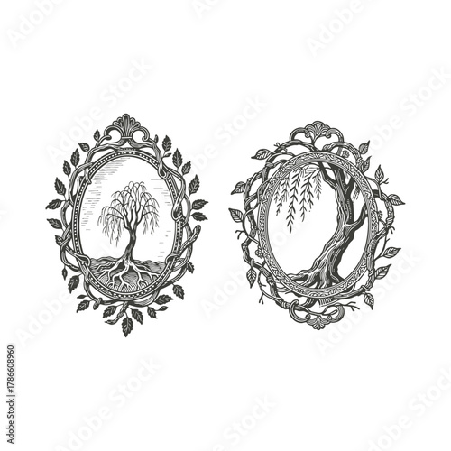 vintage engraving style illustration featuring two oval frames with weeping willow trees and interwoven roots, leaves, and branches