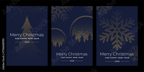 Collection of Christmas and new year greeting card design with dotted golden tree, bauble, snowflake on blue background for celebration.