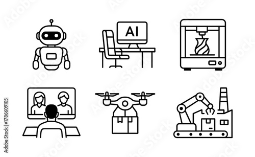 Six Automation Line Icons Depicting Robot, Office Computer, 3D Printer, Videoconference, Drone Delivery, and Robotic Assembly