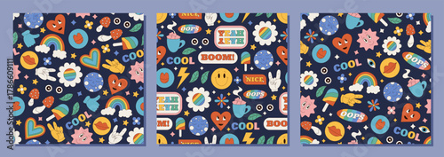 Groovy retro seamless sticker pattern set in colorful y2k style background. Mushroom, rainbow, smile, heart and collage elements add fun pop mood. Modern seamless pattern collection for any trendy