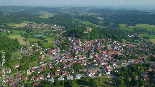 Aerial panorama view of the city and old town of Falkenstein, 93167, Bavaria in Germany on a sunny day in summer.