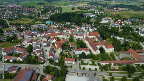 Aerial view around the city and monastery Fürstenzell in Germany., Bavaria on a sunny afternoon in spring.