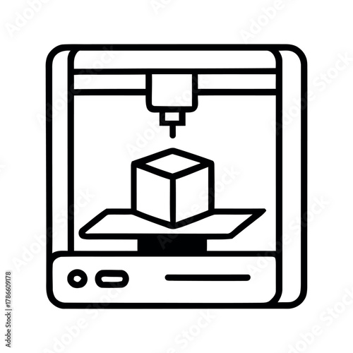 Line Icon of a 3D Printer Creating a Cube Shape Object