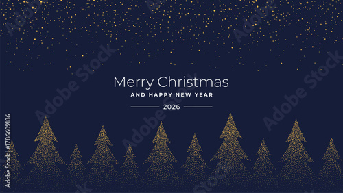 Merry Christmas and Happy New Year 2026 vector greeting card or banner with golden festive trees and glitter on a dark blue background.