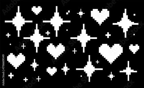 Pixelated Star and Heart Motif Against a Dark Void Background in an 8-bit Style