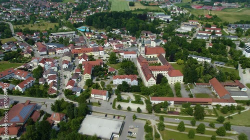 Aerial view around the city and monastery Fürstenzell in Germany., Bavaria on a sunny afternoon in spring.