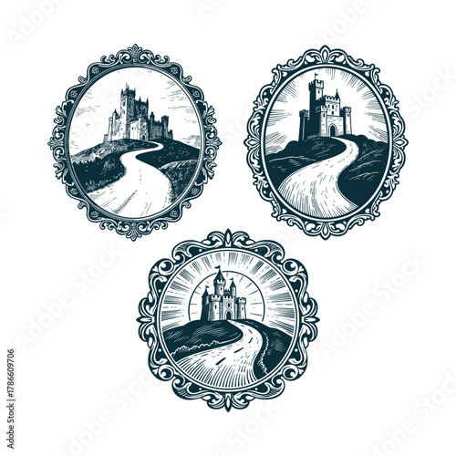 Set of three vintage engraving style illustrations depicting majestic medieval castles situated on a hill, with a road leading up to them