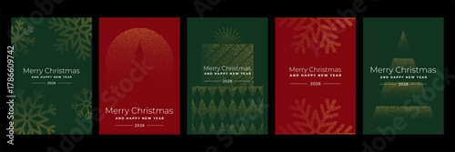 Collection of christmas and new year greeting card design template with abstract dotted patterns. Modern festive holiday season vector illustration.