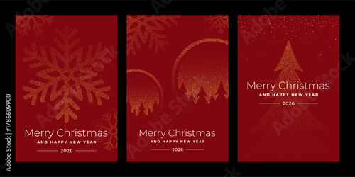 Set of three merry Christmas and happy New Year 2026 vertical vector holiday cards with dot art snowflake, festive bauble, and Christmas tree.