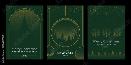 Set of modern christmas and new year vector design with gold dotted pattern. Holiday greeting card design. Minimalist winter celebration art for banner.