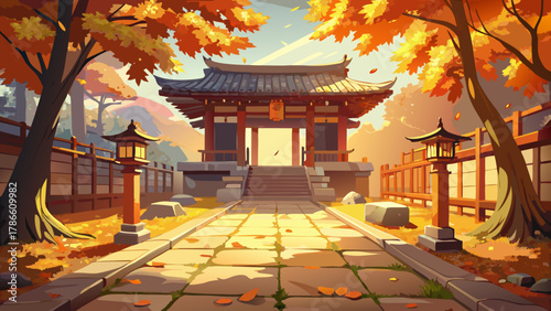 A serene Japanese temple courtyard during autumn, golden maple leaves scattered on stone pathways, traditional lanterns casting soft shadows, wooden temple walls glowing in warm sunlight, peaceful zen