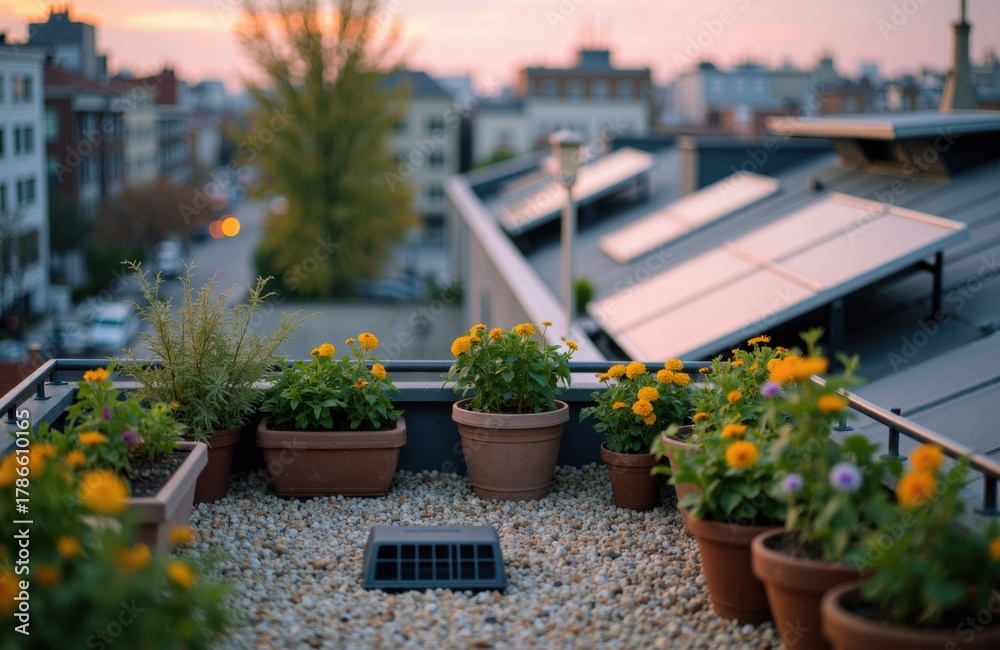 Naklejka premium Colorful potted flowers on rooftop terrace with cityscape in the background during sunset