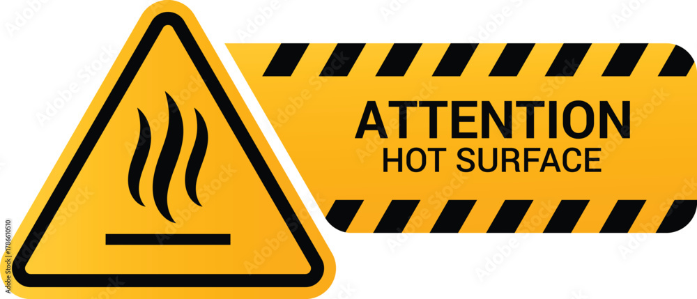 Obraz premium Attention hot surface hazard warning sign, yellow danger triangular icon with steam symbol