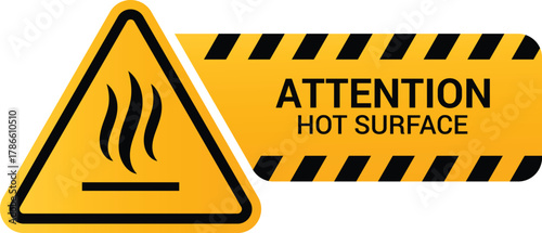 Attention hot surface hazard warning sign, yellow danger triangular icon with steam symbol