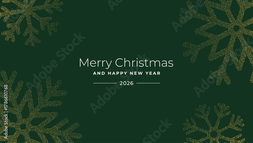 Merry Christmas and Happy New Year 2026 greeting card for holiday celebration with elegant golden snowflake design.