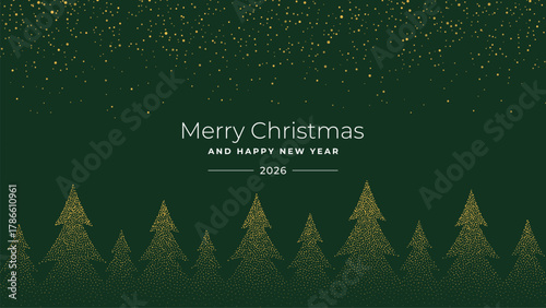 Merry Christmas and Happy New Year 2026 greeting banner with golden polka dot Christmas trees and falling snow. Holiday card design.