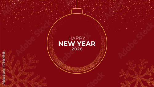 Happy New Year 2026 greeting card with golden glitter dots and snowflakes on a red background. Festive winter holiday illustration for celebration.