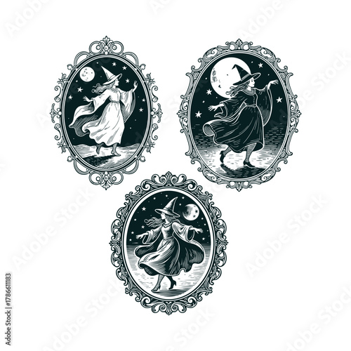 Set of three magical vintage engraving style illustrations showing a beautiful witch or sorceress dancing under the moonlight and stars, enclosed in an ornate oval frame