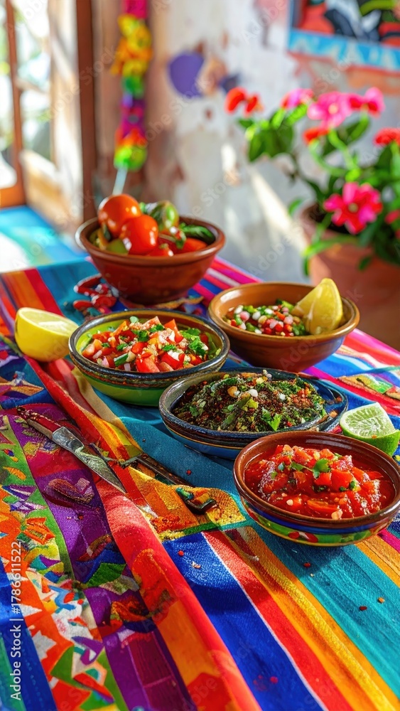 Fototapeta premium Colorful Variety Of Salsas In Ceramic Bowls On A Vibrant Striped Tablecloth
