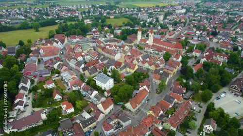 Aerial panorama view of the city and old town of Moosburg 85368, Bavaria in Germany on a sunny day in summer.