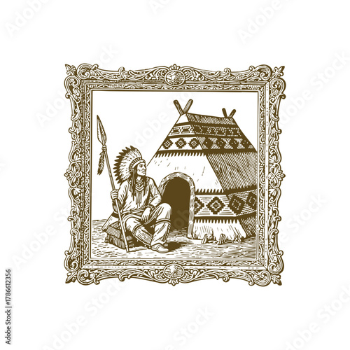 Detailed vintage engraving style illustration of a Native American chief or warrior in traditional headdress and attire, sitting outside a teepee and holding a spear