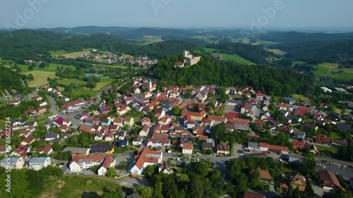 Aerial panorama view of the city and old town of Falkenstein, 93167, Bavaria in Germany on a sunny day in summer.