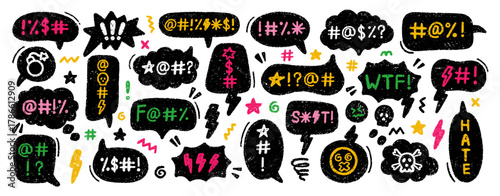 Comic speech bubble with swear word and hate. Hand drawn sketch of a grumpy text balloon with curse or insult by pencil and charcoal doodle. Rude profanity censorship in scribble talk cloud