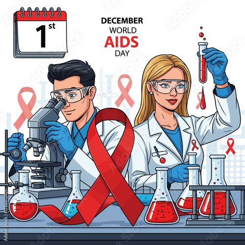 World AIDS Day Scientists in a lab with the red ribbon symbolize Health, Awareness, and Support, promoting vital health awareness globally