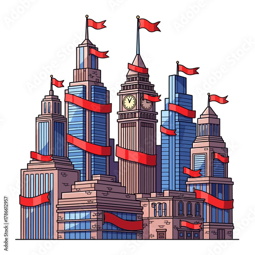 World AIDS Day Raising Awareness and Support with Red Ribbons Across the City Skyline - Health Awareness